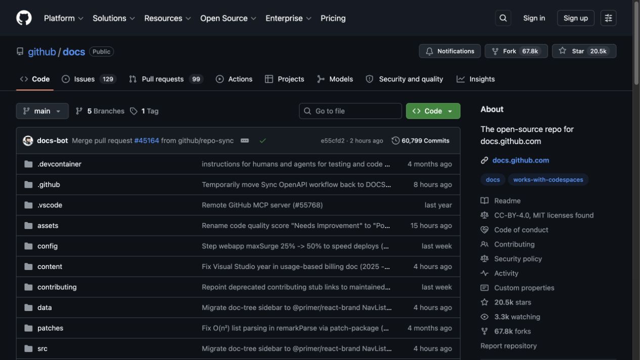 GitHub 官方公開 repository 頁面,畫面可見擁有者與 repository 名稱、分支選單、檔案列表和最新 commit 區域。