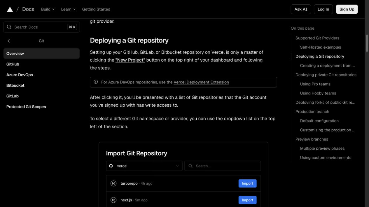 Vercel 官方 Deploying a Git repository 文件,畫面顯示 New Project 流程與 Import Git Repository 清單中的 Import 按鈕。